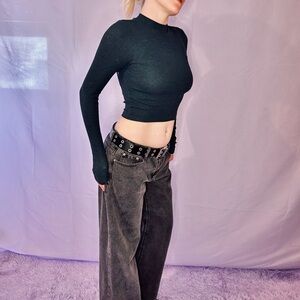 Y2K Forest Green Ribbed Mock Neck Long Sleeve Crop Top Grunge Indie Basic